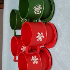Tupperware Set 5 Cups & Saucers/Lids Christmas Red Green Snowflake Partridge